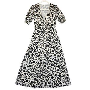 River Island Dress Womens US 2 Black Cream Floral Midi Button Front Puff Sleeve